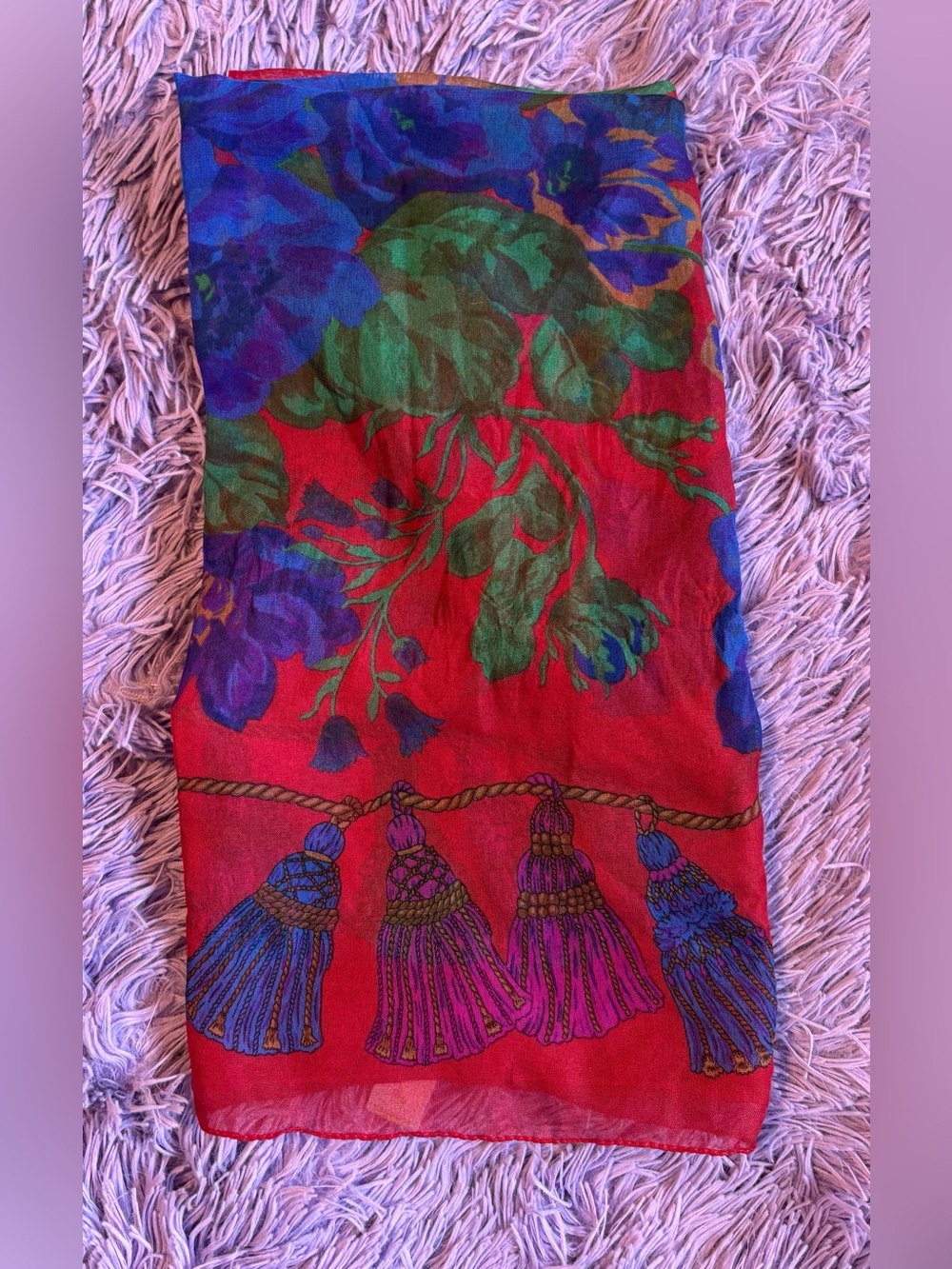 Berkshire Red Floral Tassel Print Scarf with Green and Blue Accents